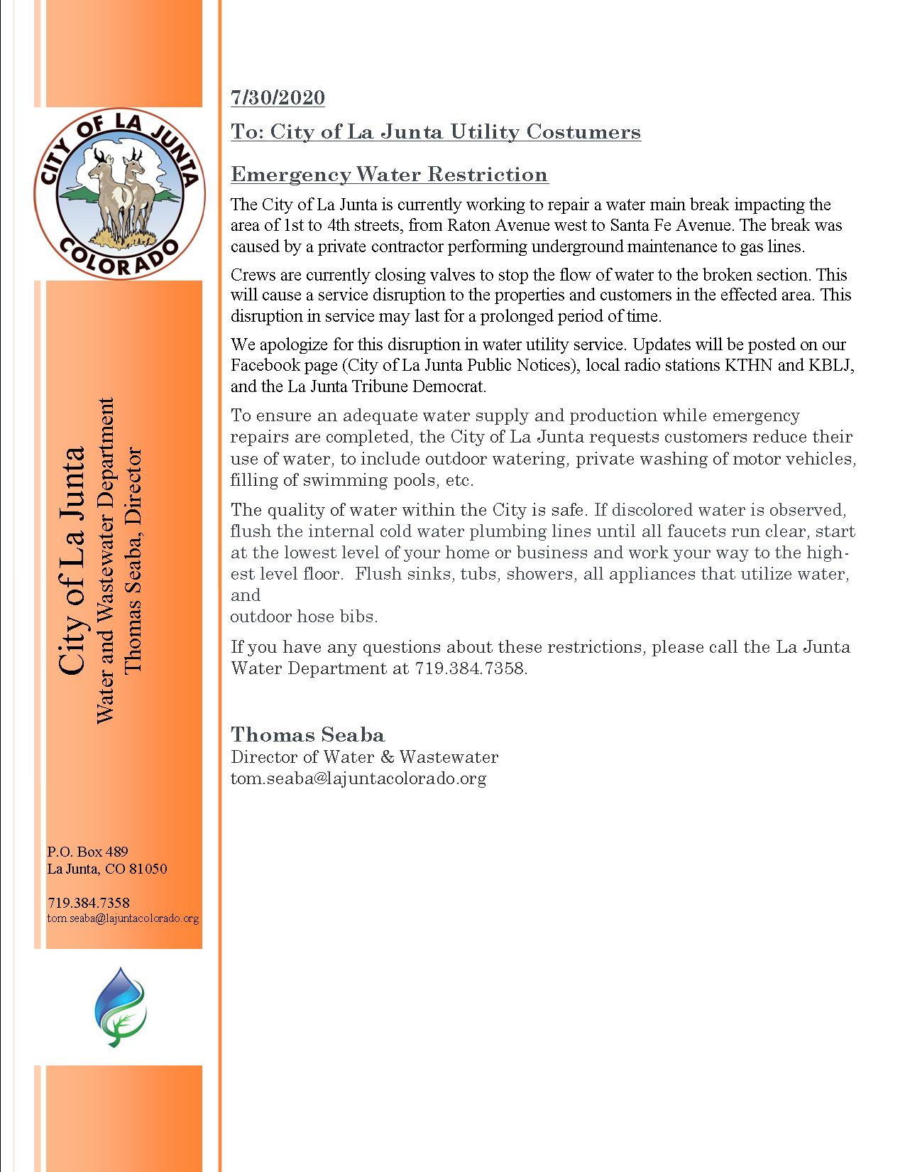 City of La Junta Utilities Release 29-7-20 seconews.org 